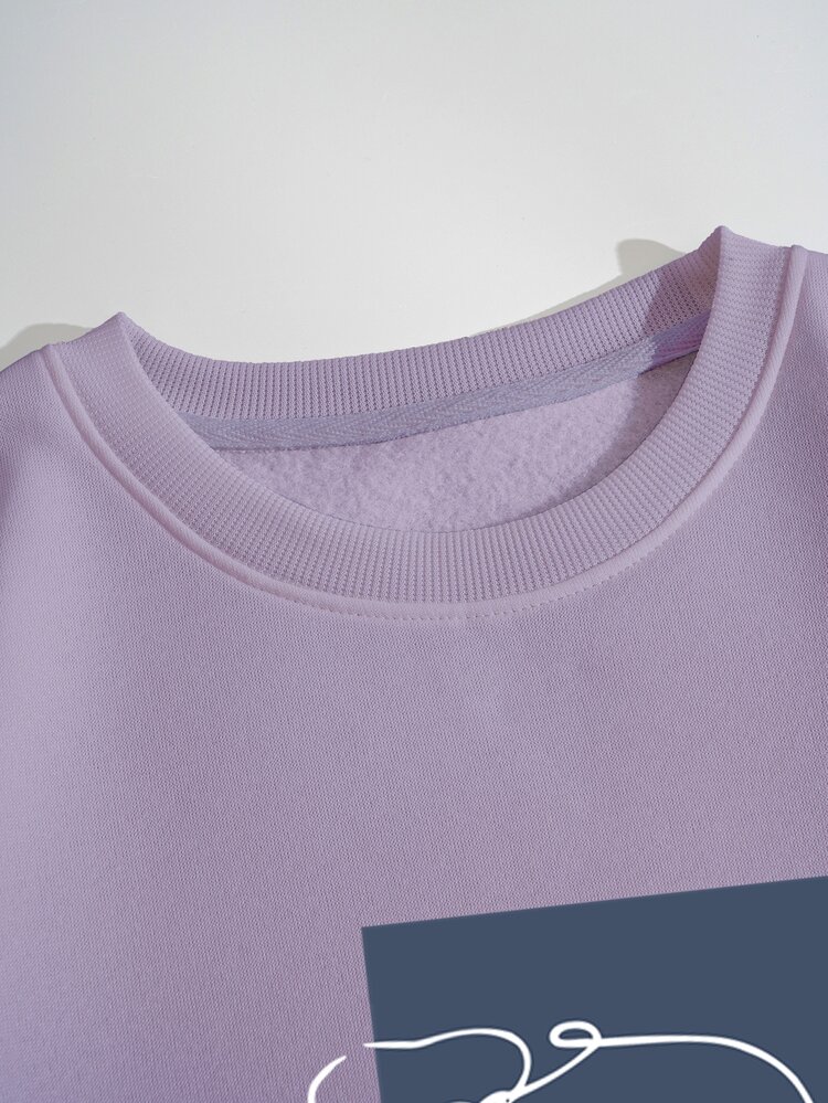 INAWLY 抽象人像和標語圖案加絨內裏運動衫 - 淡紫色 - 查看 5