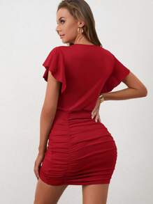 SHEIN Privé Vestido ajustado de manga con volante fruncido - Rojo - Ver 2
