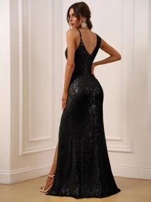 Asymmetrical Neck Ruched Front Split Thigh Sequin Dress Black Elegant Formal Evening Prom Wedding Guest Gown, For Graduation, Dinner - Black - View 2