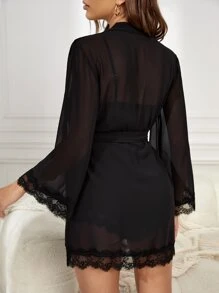 3pcs Lace Trim Bow Front Belted Chiffon PJ Set / Pajama Set Bow Tie - Black - View 2