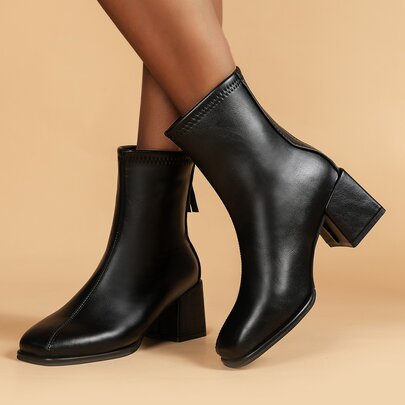 Zipper Back Square Toe Chunky Heeled Classic Boots
