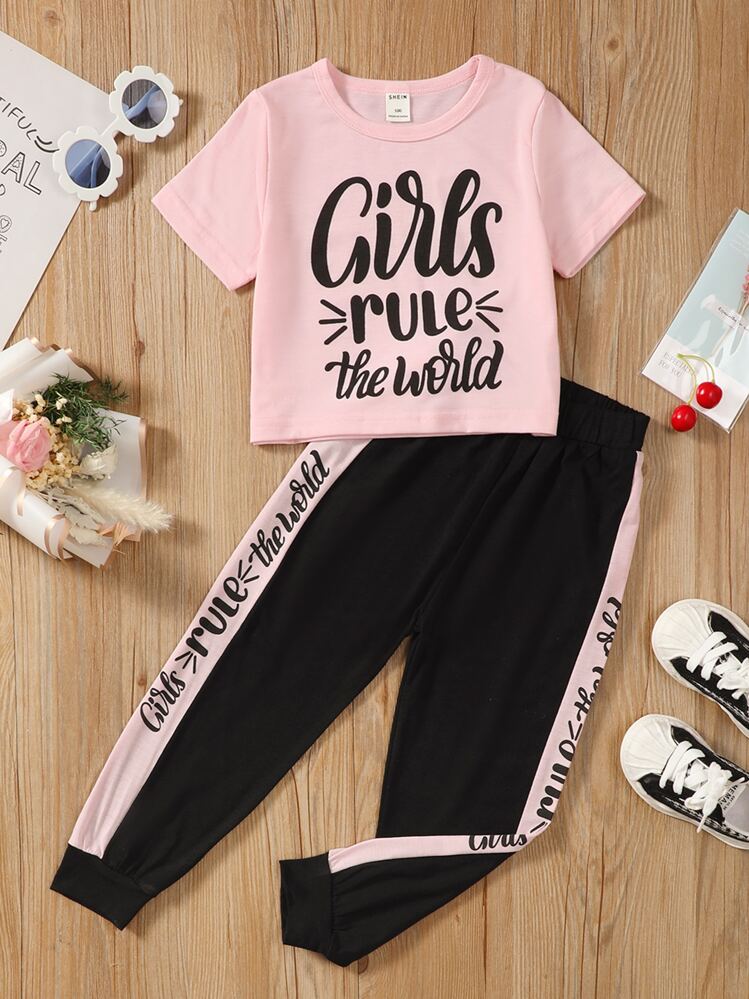 SHEIN Ung flicka Slogan Grafik T-Skjortor & Panel Joggingbyxor - Multifärgad - Visa 1