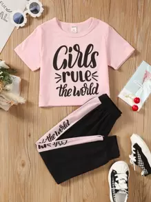 SHEIN T-shirt grafica con slogan e pantaloni joggers a pannelli per ragazza giovane