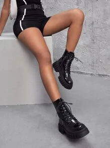 Lace-up Front Combat Boots - Black - View 5