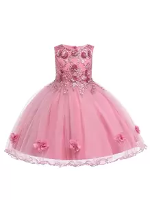 Vestido de niña de unicolor con malla & satén, flores 3D y mangas abullonadas, elegante vestido para fiesta de cumpleaños, adecuado para baile de graduación, diadema no incluida - Rosa - Ver 9
