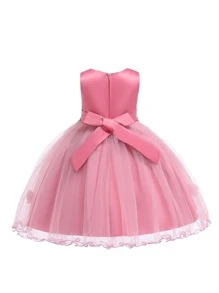 Vestido de niña de unicolor con malla & satén, flores 3D y mangas abullonadas, elegante vestido para fiesta de cumpleaños, adecuado para baile de graduación, diadema no incluida - Rosa - Ver 7