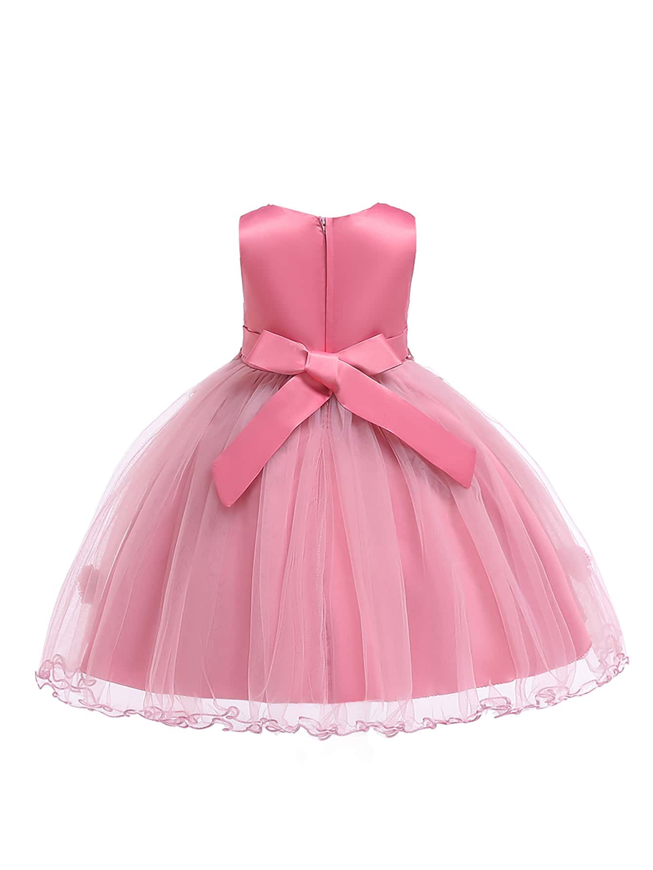 女童纯色薄纱缎面花朵蓬蓬裙，优雅正式，适合生日派对、学校活动等场合，不含头饰。 - 粉色 - 查看 2