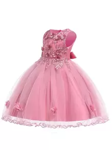 Vestido de niña de unicolor con malla & satén, flores 3D y mangas abullonadas, elegante vestido para fiesta de cumpleaños, adecuado para baile de graduación, diadema no incluida - Rosa - Ver 8