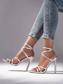 Metallic Stiletto Heeled Ankle Strap Sandals - Silver - View 1