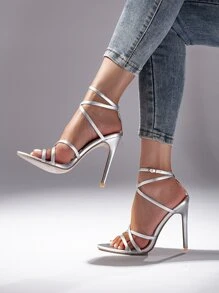 Metallic Stiletto Heeled Ankle Strap Sandals - Silver - View 2