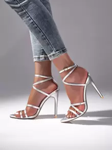 Metallic Stiletto Heeled Ankle Strap Sandals - Silver - View 5