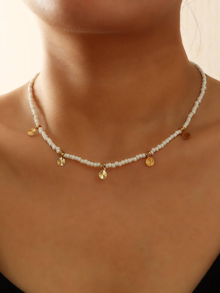 Disc Charm Beaded Necklace - White - View 1