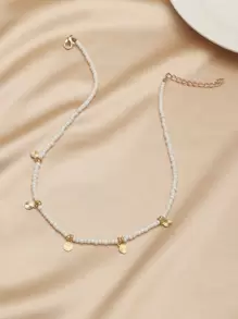 Disc Charm Beaded Necklace - White - View 2