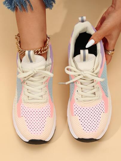 Color Block Running Shoes For Women, Fit Gym Lace-Up Front Running Shoes For Daily