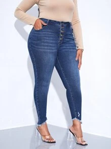 SHEIN SXY Plus Ripped Raw Trim Skinny Jeans - Dark Wash - View 4