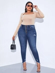 SHEIN SXY Plus Ripped Raw Trim Skinny Jeans - Dark Wash - View 5