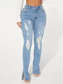 SHEIN SXY Ripped Slit Hem Skinny Jeans - Light Wash - View 1