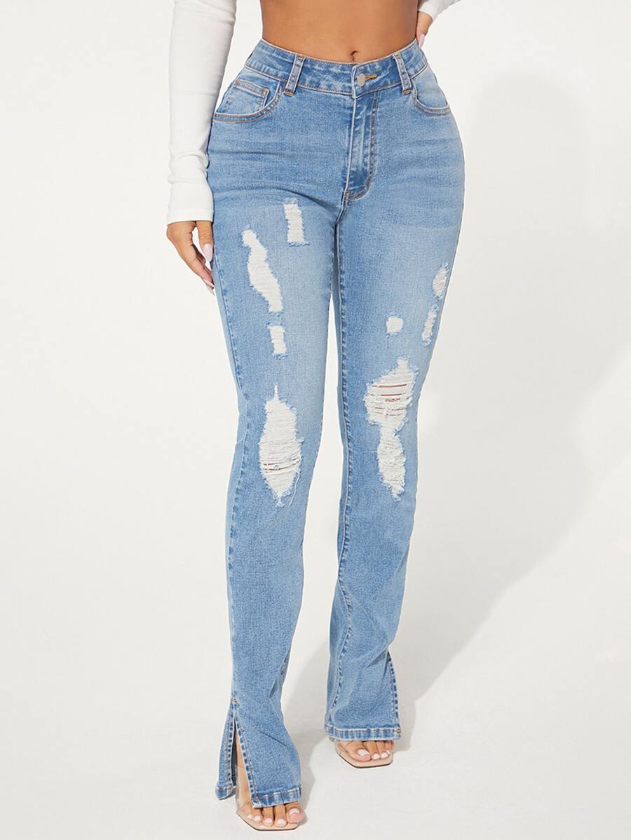 SHEIN SXY Ripped Slit Hem Skinny Jeans - Light Wash - View 1