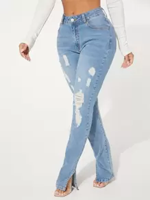 SHEIN SXY Ripped Slit Hem Skinny Jeans - Light Wash - View 5