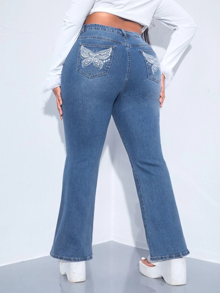 SHEIN SXY Plus Rhinestone Butterfly Embroidery Ripped Flare Leg Jeans - Medium Wash - View 1