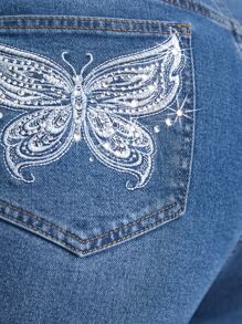 SHEIN SXY Plus Rhinestone Butterfly Embroidery Ripped Flare Leg Jeans - Medium Wash - View 3