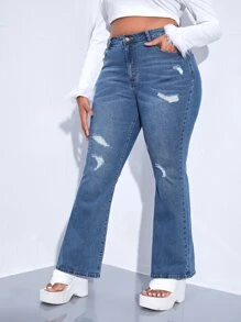 SHEIN SXY Plus Rhinestone Butterfly Embroidery Ripped Flare Leg Jeans - Medium Wash - View 5