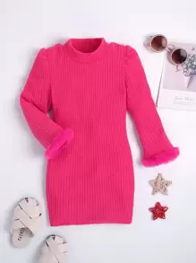 Đầm bé gái Gân đan màu trơn Dễ thương - Màu Hồng Tươi - Xem 1