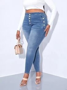 SHEIN SXY Plus Button Fly Skinny Jeans - Medium Wash - View 1