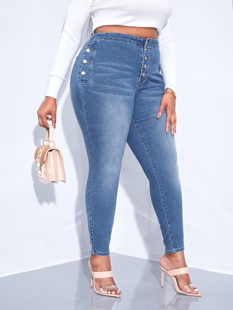 SHEIN SXY Plus Button Fly Skinny Jeans - Medium Wash - View 4