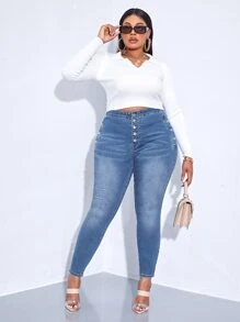 SHEIN SXY Plus Button Fly Skinny Jeans - Medium Wash - View 5