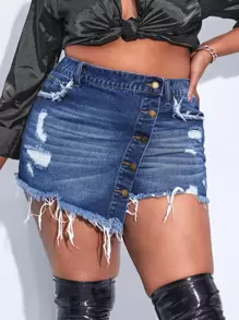 SHEIN SXY 大碼高腰破洞毛邊緣牛仔裙褲 - 中等水洗藍 - 查看 3