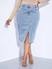 SHEIN SXY váy ngắn denim kích thước lớn Nút Túi Hem thô Chia Dây kéo màu trơn - Rửa nhẹ - Xem 1