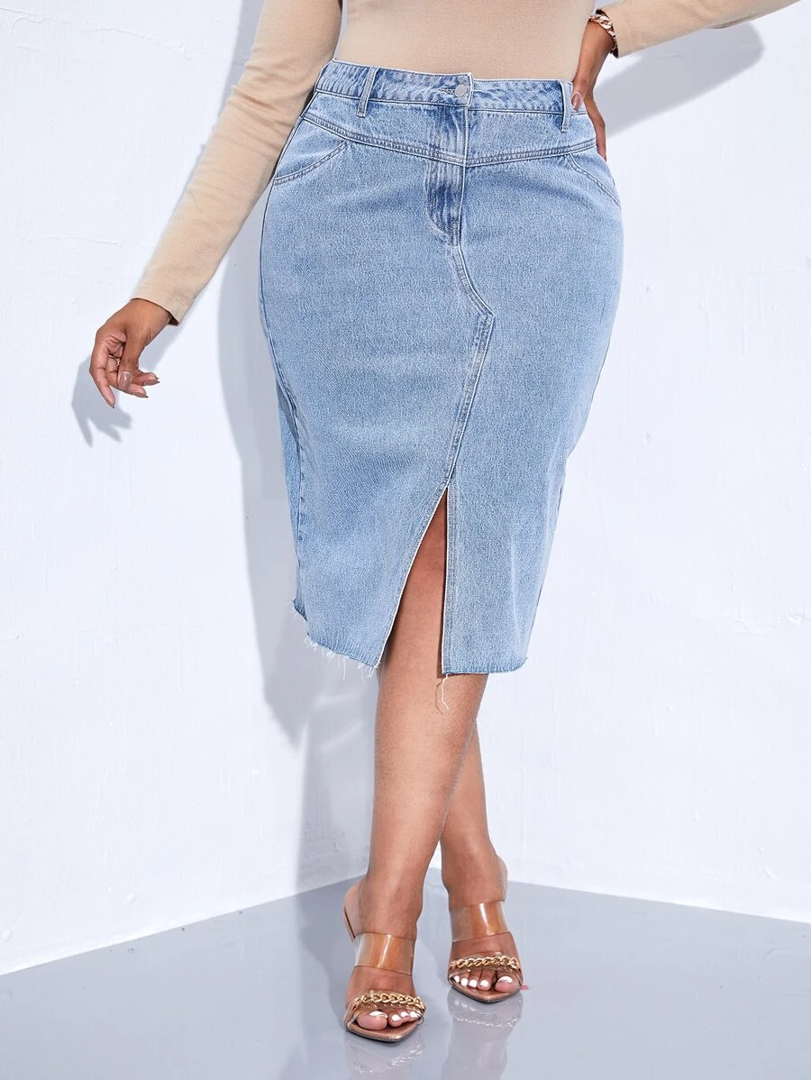 SHEIN SXY váy ngắn denim kích thước lớn Nút Túi Hem thô Chia Dây kéo màu trơn - Rửa nhẹ - Xem 1
