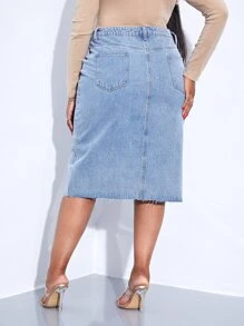 SHEIN SXY váy ngắn denim kích thước lớn Nút Túi Hem thô Chia Dây kéo màu trơn - Rửa nhẹ - Xem 2