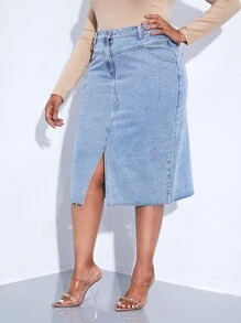 SHEIN SXY váy ngắn denim kích thước lớn Nút Túi Hem thô Chia Dây kéo màu trơn - Rửa nhẹ - Xem 3