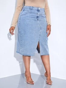 SHEIN SXY váy ngắn denim kích thước lớn Nút Túi Hem thô Chia Dây kéo màu trơn - Rửa nhẹ - Xem 4