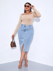 SHEIN SXY váy ngắn denim kích thước lớn Nút Túi Hem thô Chia Dây kéo màu trơn - Rửa nhẹ - Xem 5