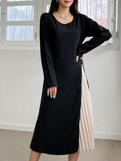 DAZY カラーブロック プリーツヘム タイバック ドレス