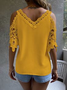 EMERY ROSE Cold Shoulder Guipure Lace Blouse - Mustard Yellow - View 2