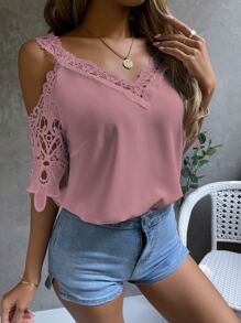 EMERY ROSE Cold Shoulder Guipure Lace Blouse - Dusty Pink - View 3