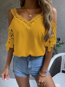 EMERY ROSE Cold Shoulder Guipure Lace Blouse - Mustard Yellow - View 6
