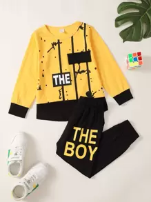SHEIN Toddler Boys Letter Graphic Sweatshirt & Joggers Set - Multicolor - View 1