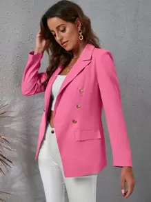 SHEIN Essnce 西裝領雙排釦翻蓋細節西裝外套 - 粉色 - 查看 3