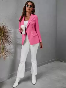 SHEIN Essnce 西裝領雙排釦翻蓋細節西裝外套 - 粉色 - 查看 6