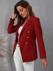SHEIN Essnce 西裝領雙排釦翻蓋細節西裝外套 - 酒紅色 - 查看 3