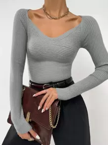 SHEIN Essnce Jersey tejido de canalé ajustado - Gris Claro - Ver 1