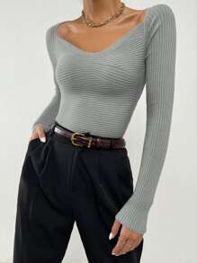 SHEIN Essnce Jersey tejido de canalé ajustado - Gris Claro - Ver 3