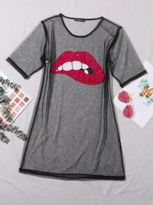 SHEIN LUNE Contrast Sequin Mouth Sheer Mesh Dress - Black - View 1