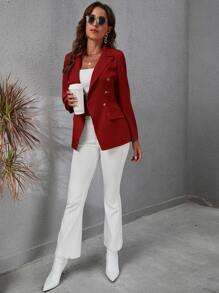 SHEIN Essnce 西裝領雙排釦翻蓋細節西裝外套 - 酒紅色 - 查看 6