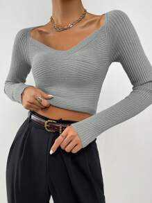SHEIN Essnce Jersey tejido de canalé ajustado - Gris Claro - Ver 5